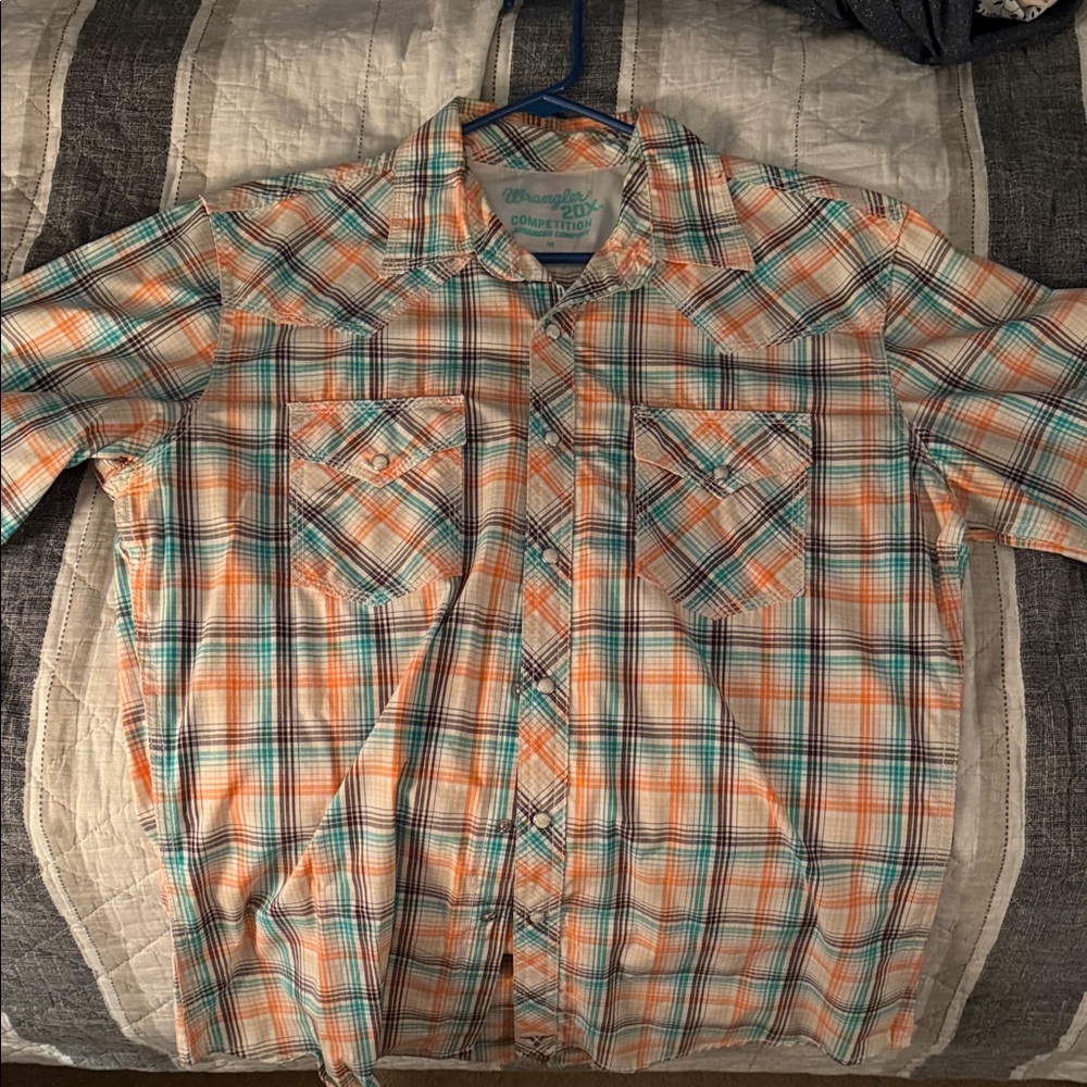 Wrangler Men's Casual Plaid Shirt - Orange, Blue, and White